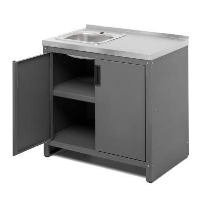 Тумба с мойкой Patio T850M. Вид сбоку. Открыта дверь