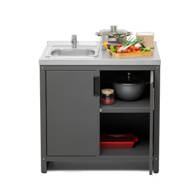 Тумба с мойкой Patio T850M. Вид спереди с продуктами. Открыта дверь