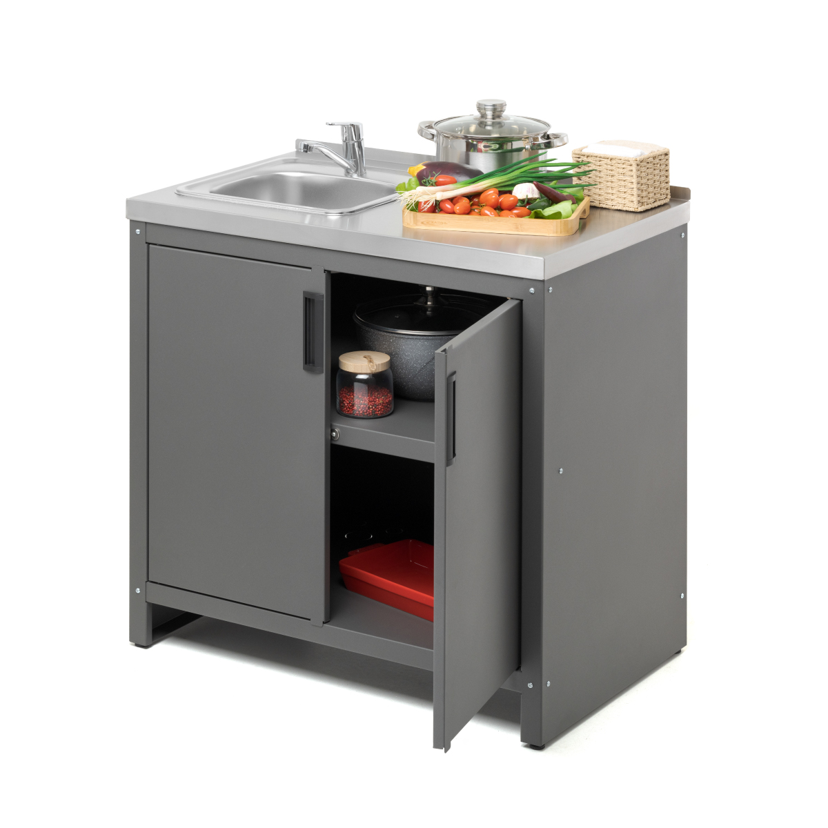 Тумба с мойкой Patio T850M. Вид сбоку с продуктами. Открыта дверь