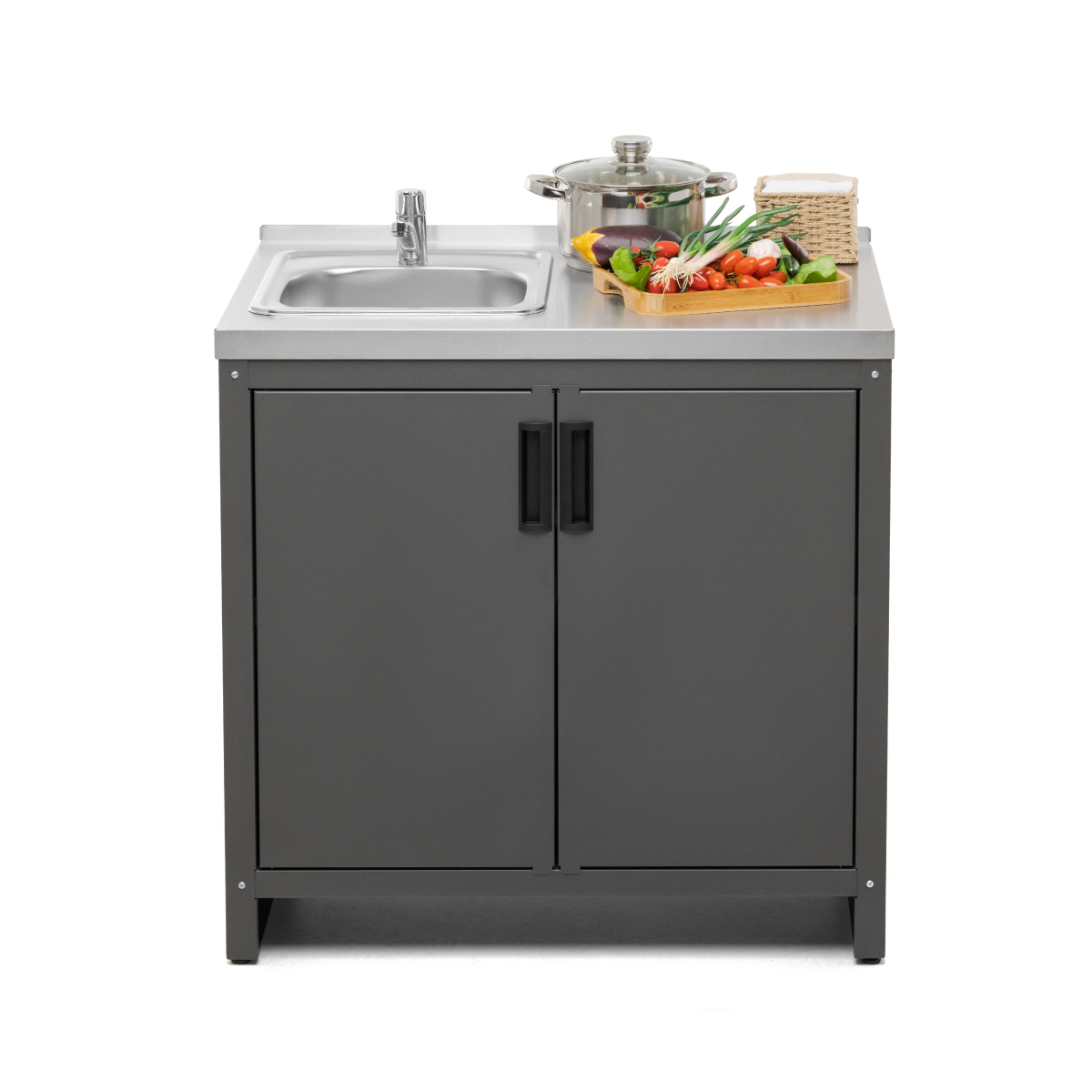 Тумба с мойкой Patio T850M. Вид спереди с продуктами