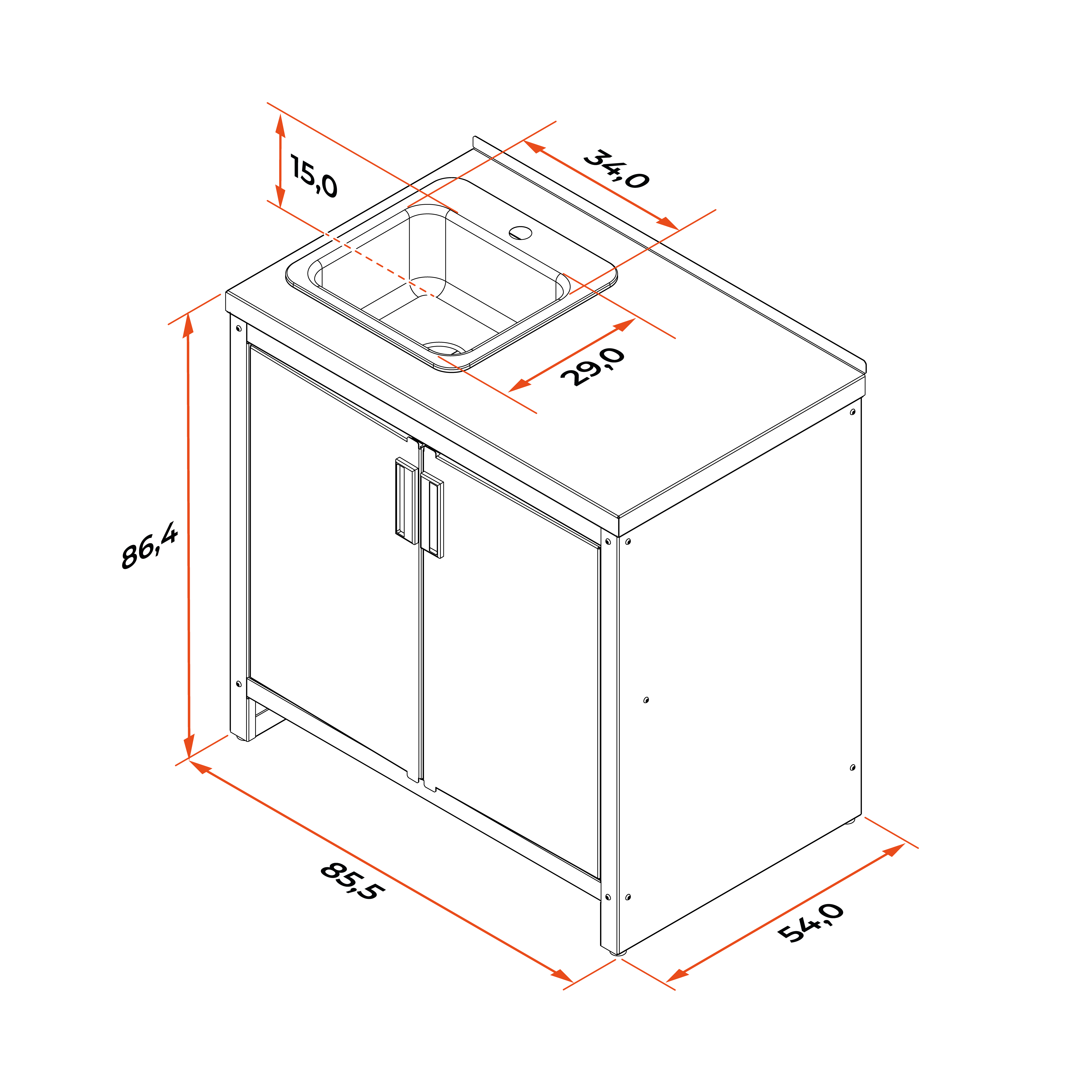 Тумба с мойкой Patio T850M. Габариты. Чертеж